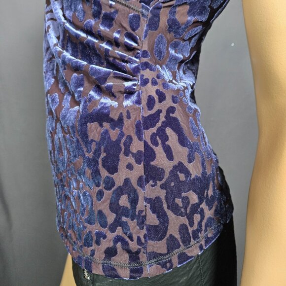 Y2K Blue Leopard Flocked Velvet Burnout Sheer Mesh Top Size M V Neck - Picture 6 of 11